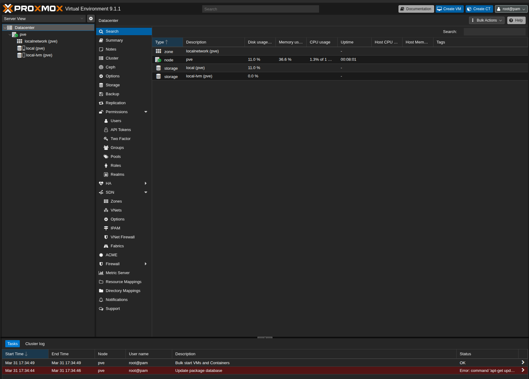 Ekran główny Proxmox