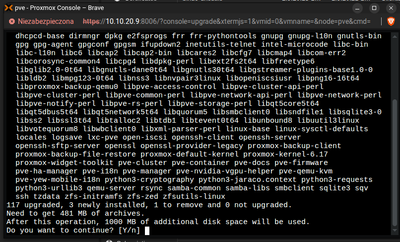 Aktualizacja Proxmox terminal
