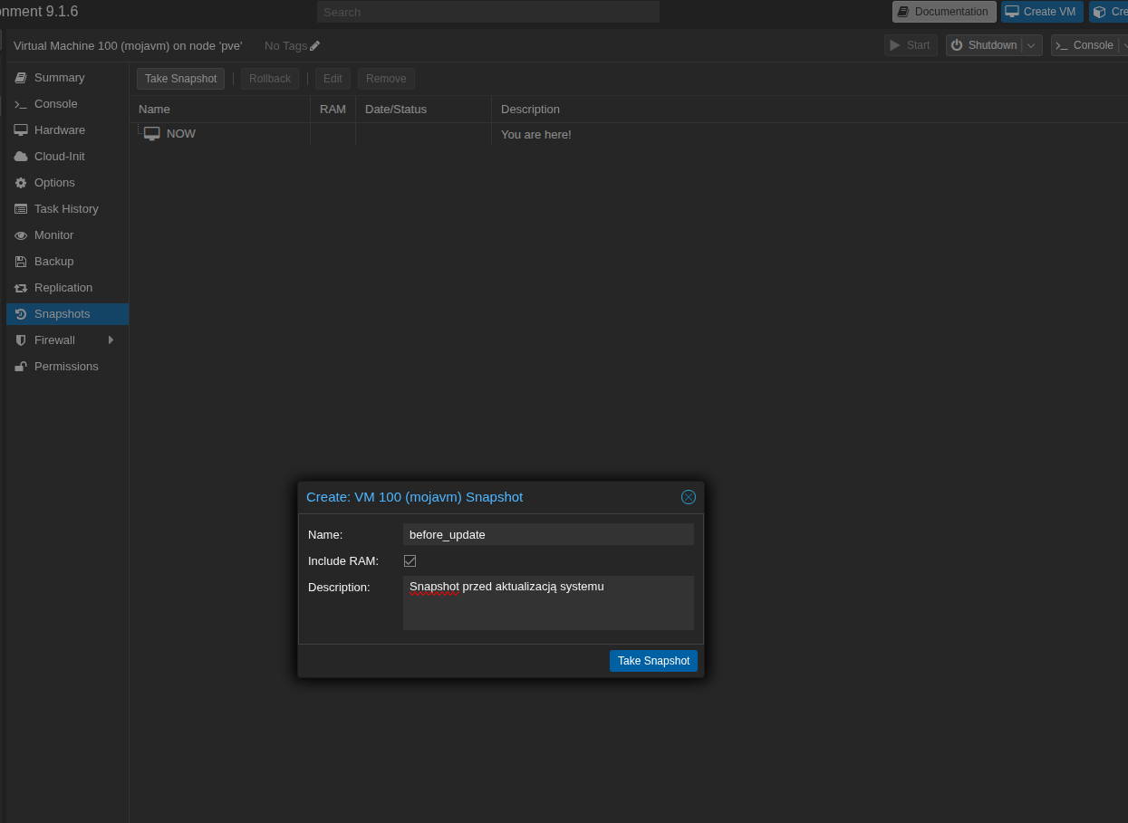 Robienie snapshota VM w Proxmox