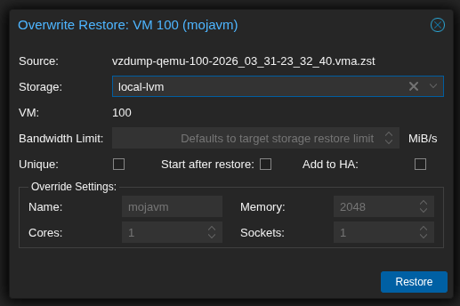 Przywracanie maszyny wirtualnej