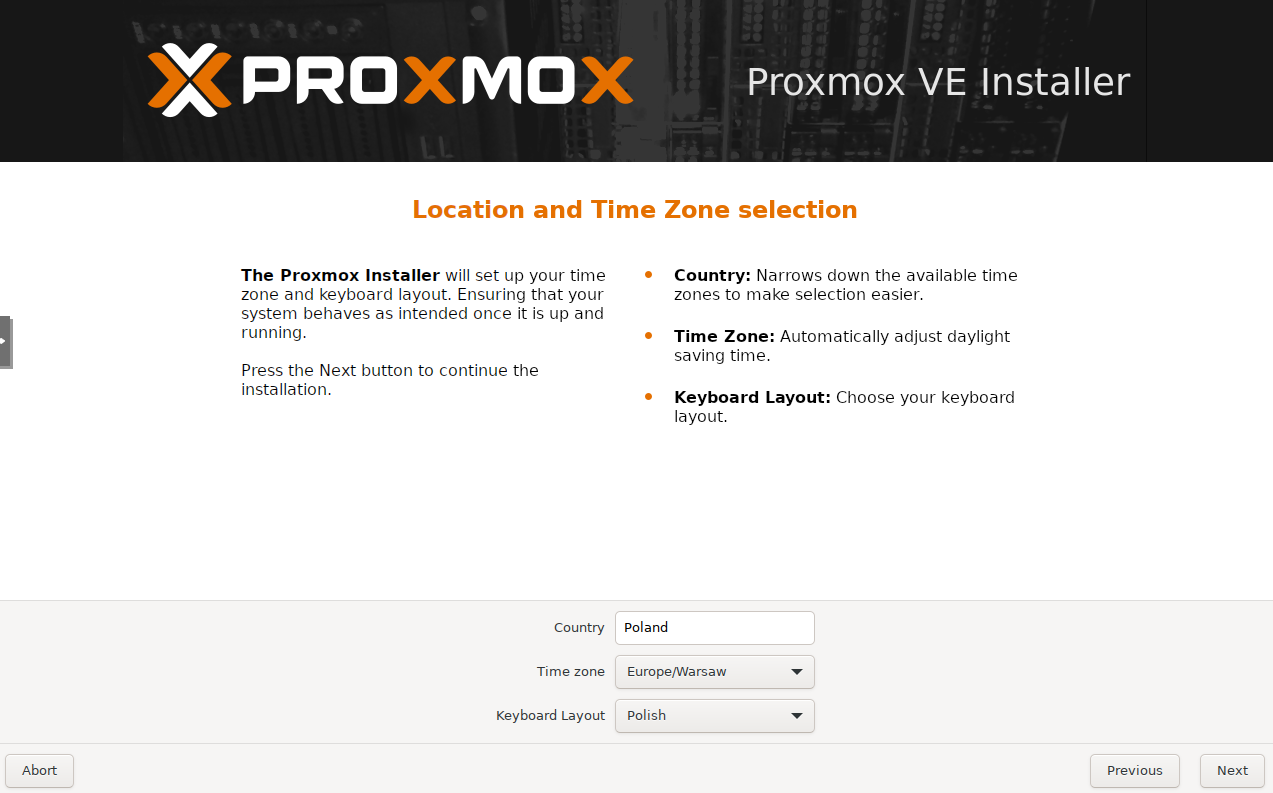 Proxmox - wybór strefy czasowej