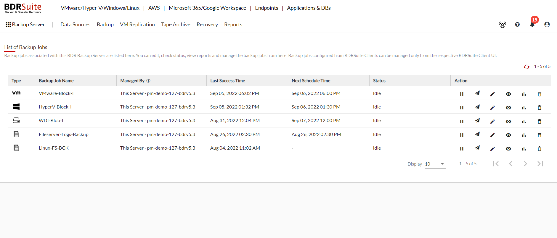 Panel BDRShield z zadaniami backupu